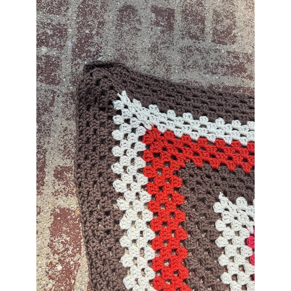 Handmade Granny Square Crochet Blanket Brown Red Pink Retro Throw 4.5ft Square